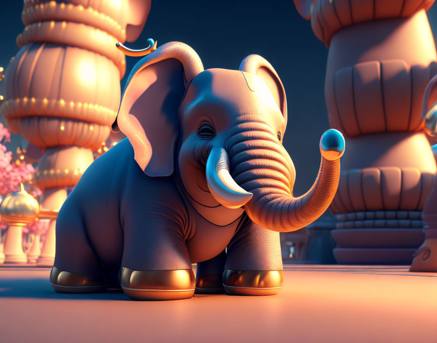 CGI illustration of baby elephant in golden boots in fantasy setting