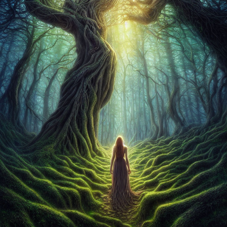 Enchanted forest scene with ancient twisted tree and robed figure in soft light