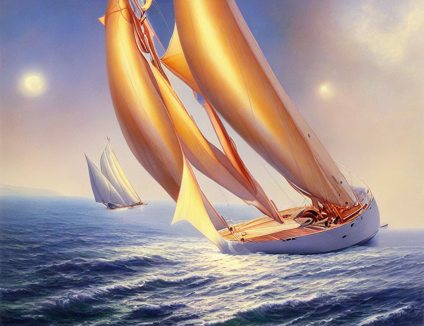 Golden-sailed sailboat among white-sailed boats on water