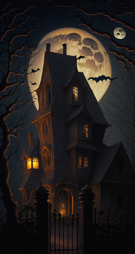 Victorian house under full moon with glowing windows and bats in night sky