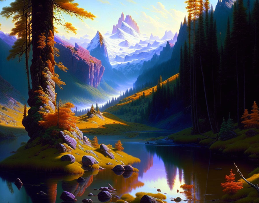 Tranquil landscape with reflective lake, autumn trees, and snow-capped mountains