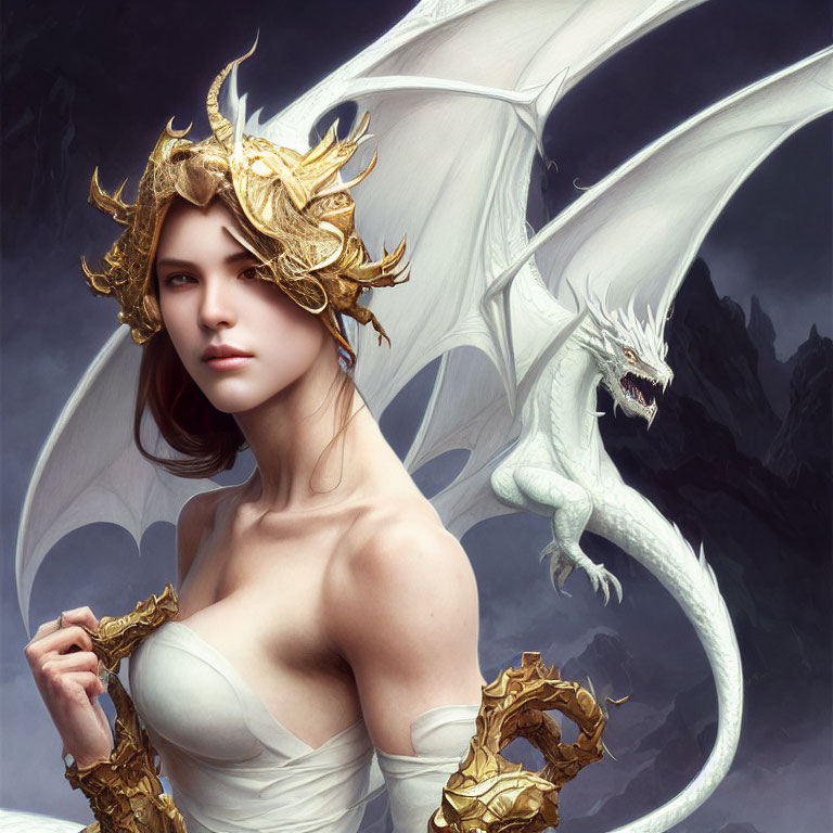 Woman with golden crown and white dragon in elegant fantasy pose