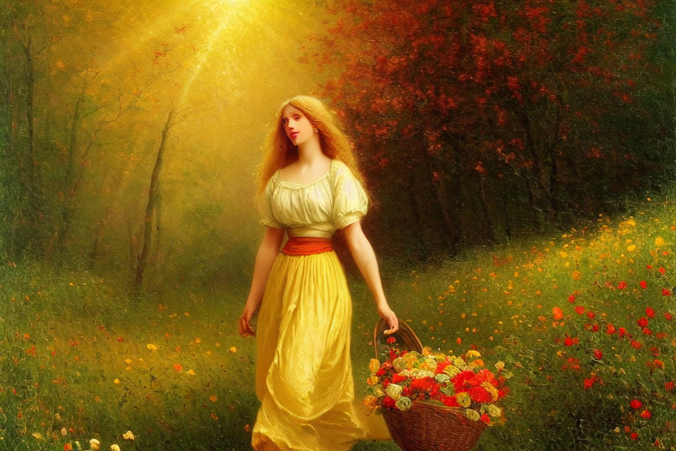 Woman in Yellow Dress with Flower Basket in Sunlit Forest Clearing