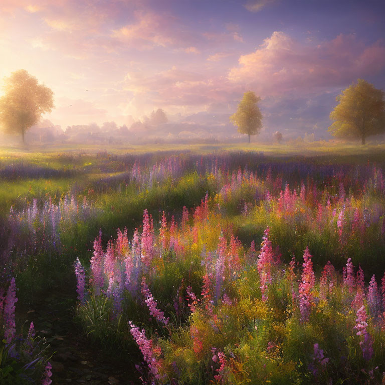 Tranquil meadow with colorful wildflowers at sunrise.