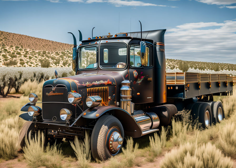 Black semi-truck with decorative paint and chrome in desert landscape.