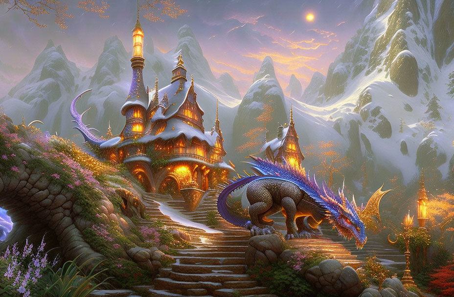 Blue dragon in front of enchanted castle and snowy mountains at sunset