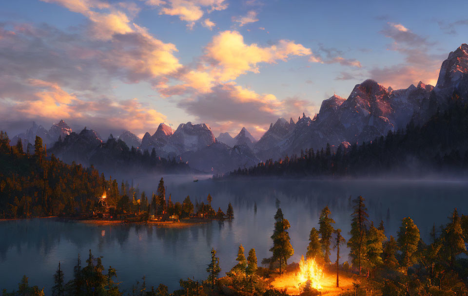 Tranquil lakeside scene at dusk with campfire, misty water, and mountain range