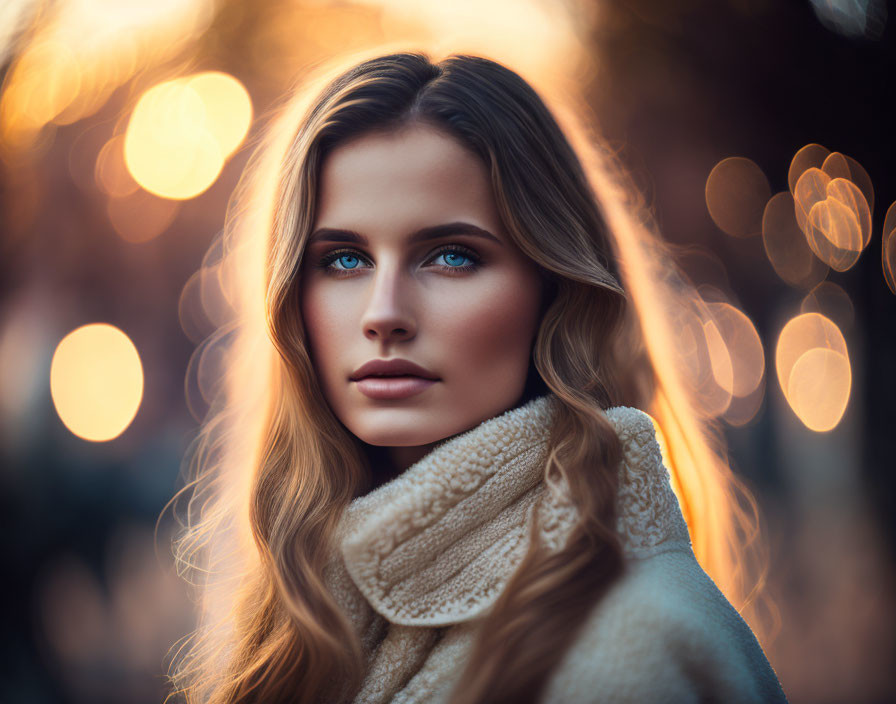 Blonde Woman in Beige Turtleneck with Blue Eyes