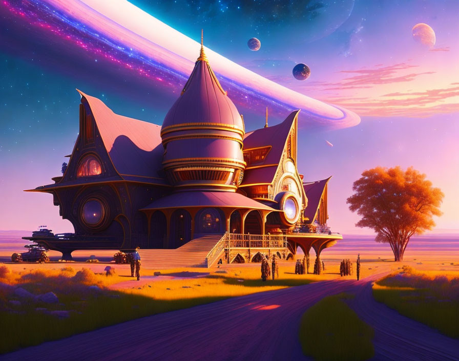 Fantastical palace with spires under alien sky and multiple moons, surrounded by lush landscape.