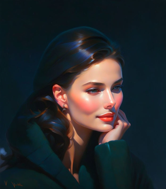 Striking features in digital portrait with glowing skin and serene expression