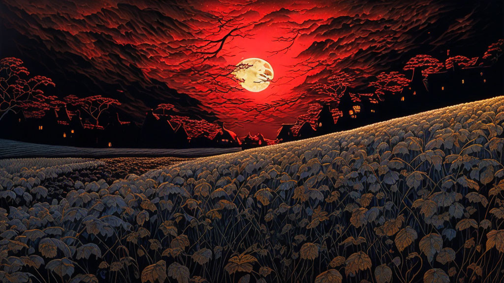 Stylized night landscape with large moon, white flowers, dark trees, red and black sky