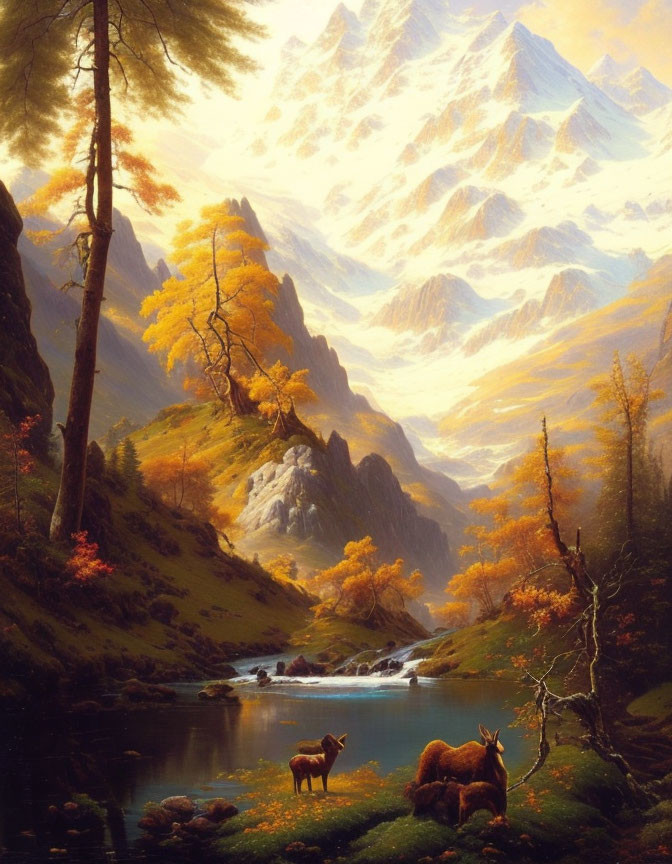 Elk in Autumn Forest by River and Snowy Mountains