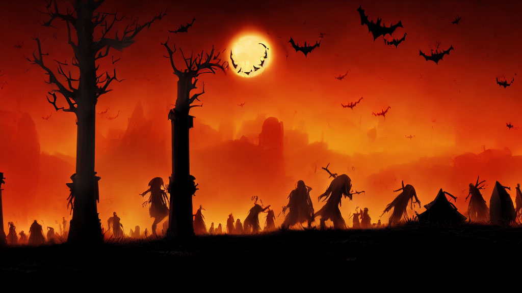 Silhouettes of witches, bats, and trees in Halloween scene