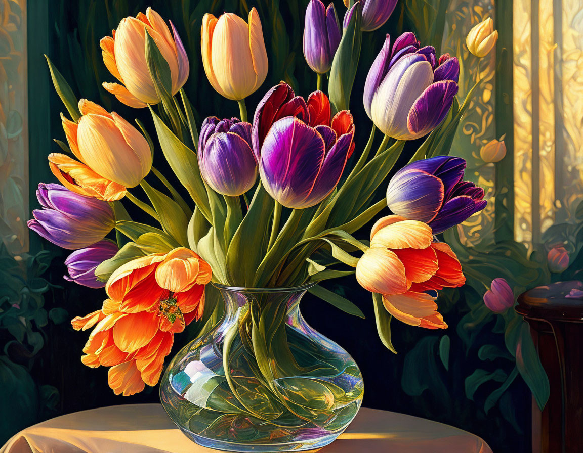 Multicolored tulip bouquet in clear glass vase under sunlight.