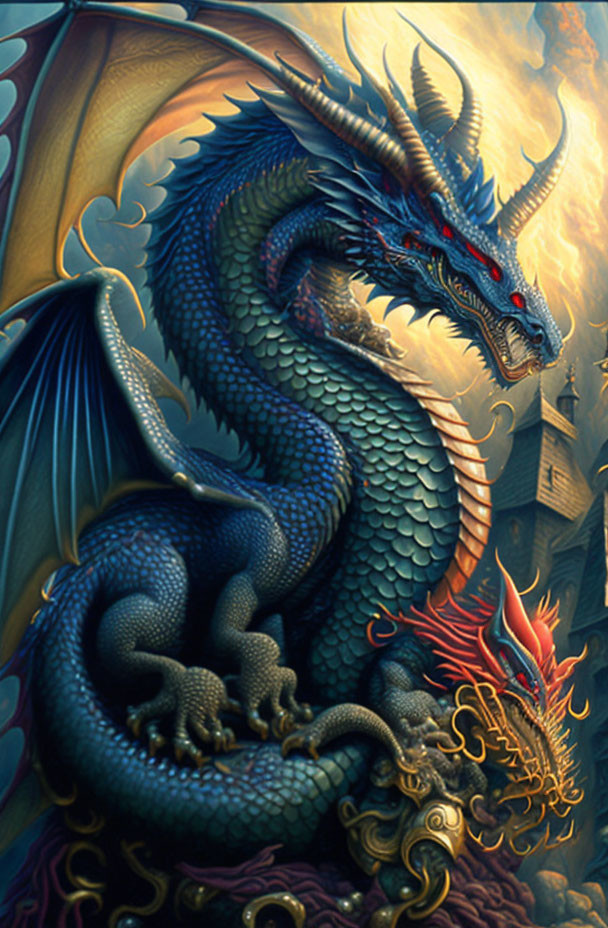 Blue dragon with large wings and horns breathing fire in front of stylized clouds