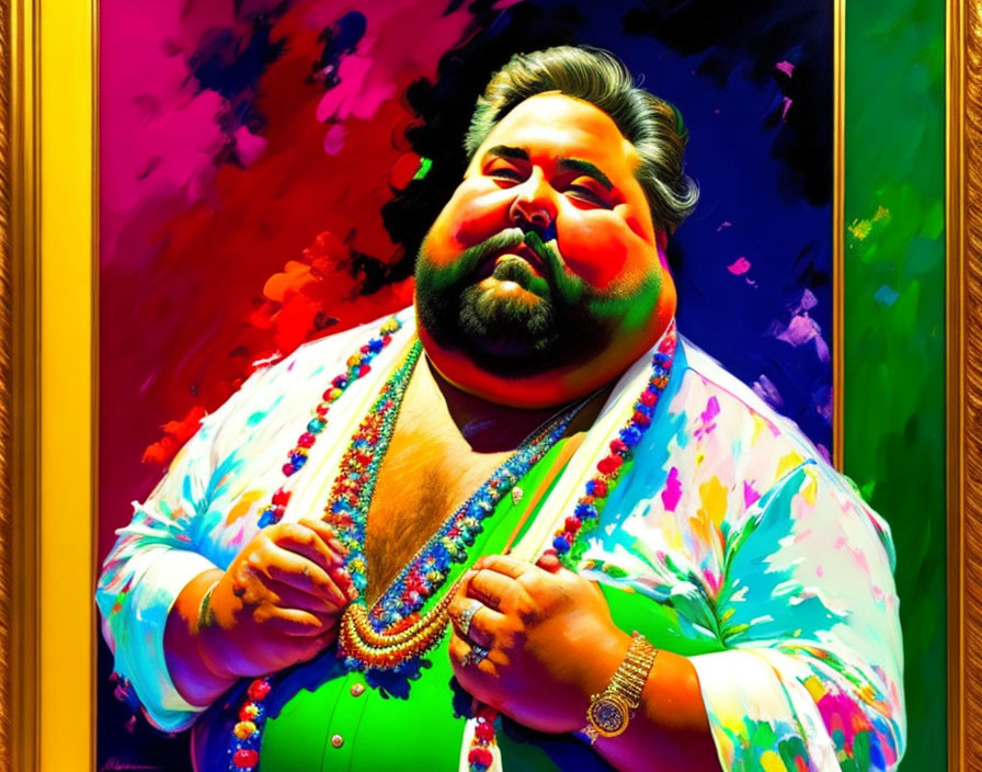 Colorful Painting of Heavyset Person in Floral Shirt and Beads Against Abstract Background