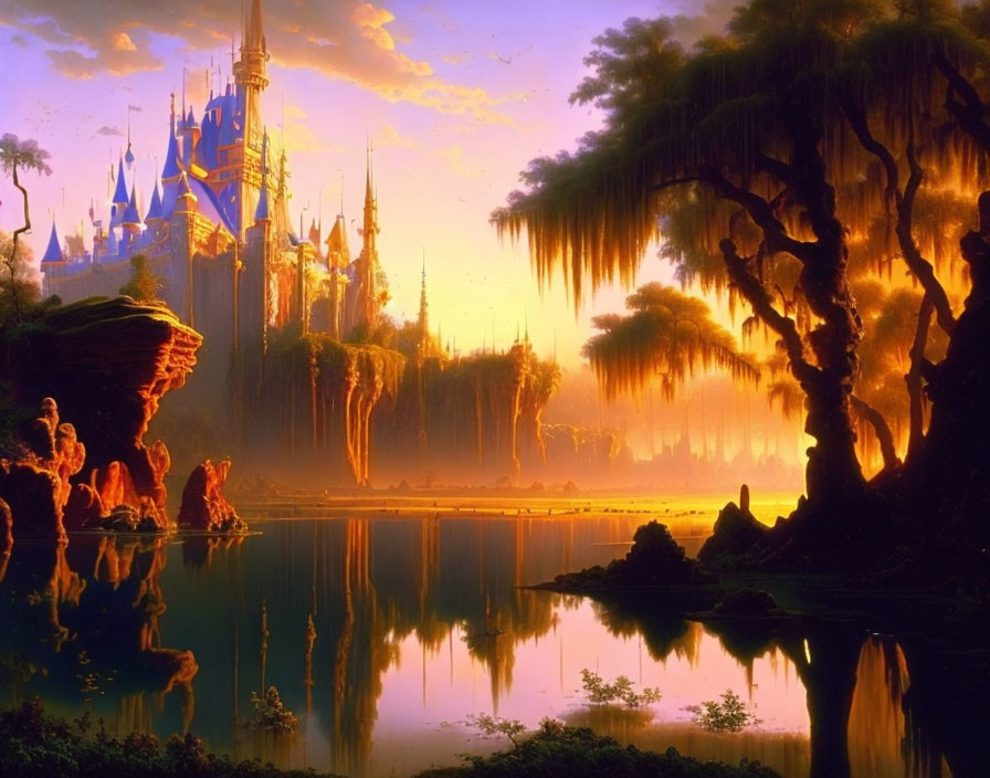 Majestic castle in fantasy sunset landscape with lush trees and tranquil lake