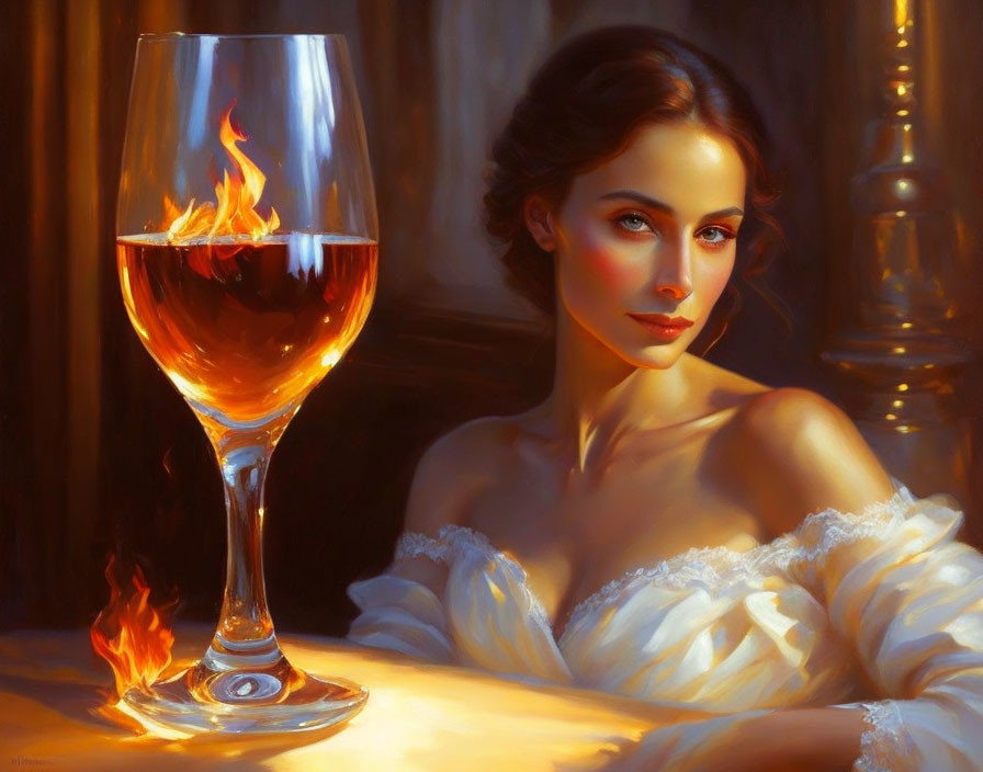 Woman in white dress with wine glass and flame in warm setting