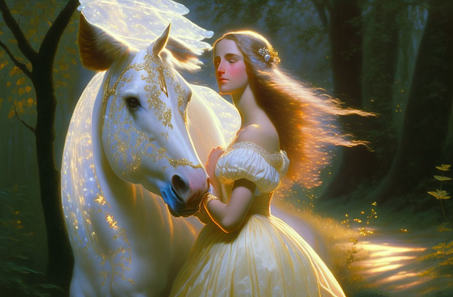 Woman in yellow dress beside white horse in enchanted forest