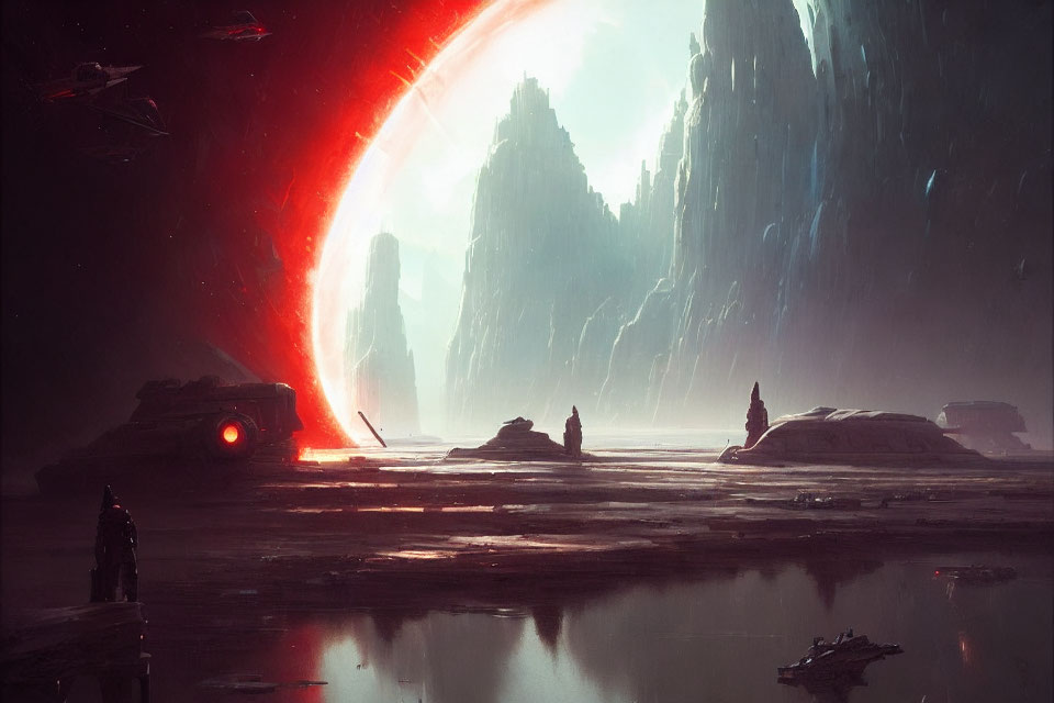 Sci-fi landscape with towering rocky structures and red beam, spaceships, figures by water under star-filled