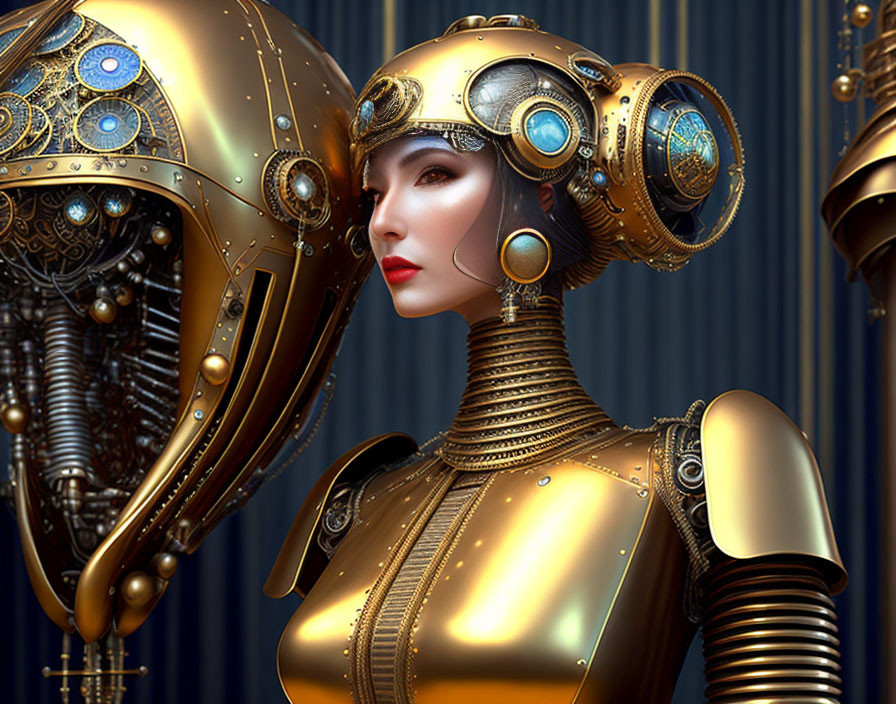 Futuristic digital artwork of female figure in golden mechanical suit