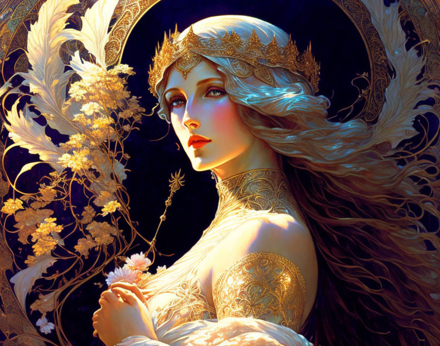 Ethereal woman with golden hair and crown holding a flower