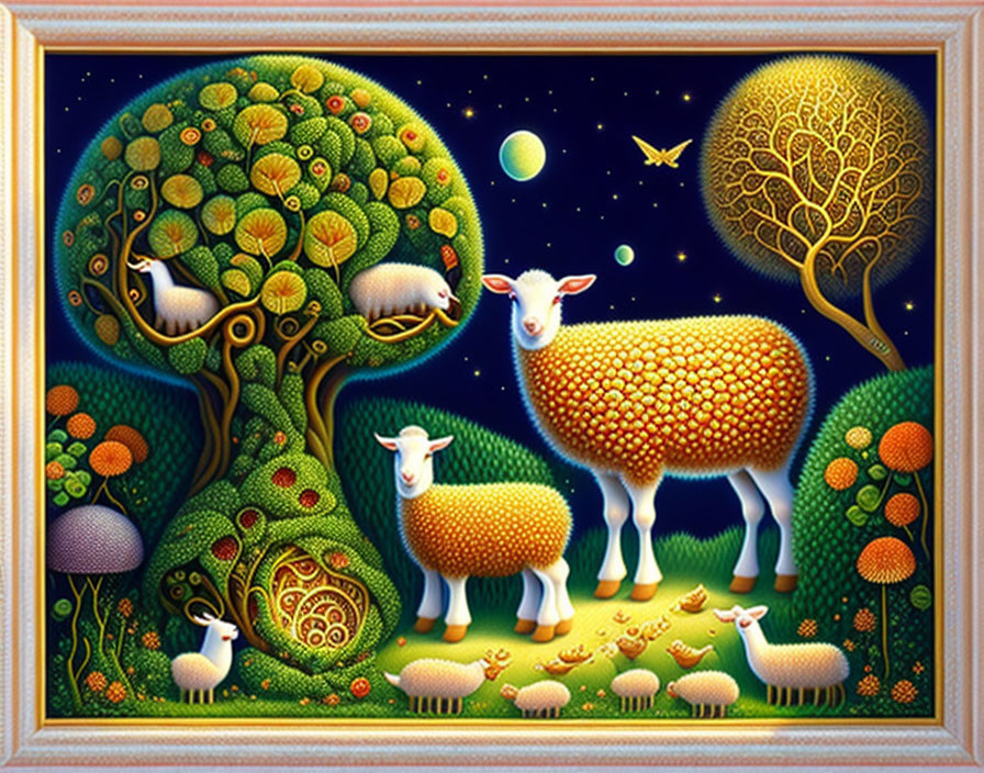 Colorful painting of patterned sheep in whimsical forest scene