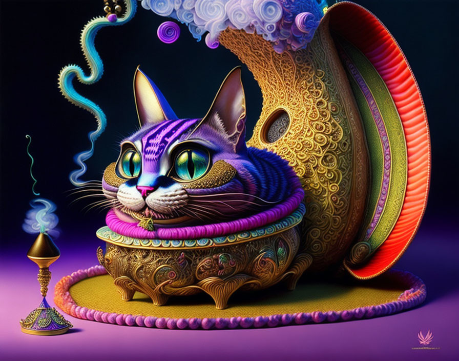 Stylized whimsical cat in ornate shell with incense burner