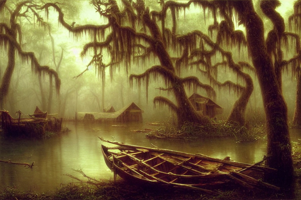 Moss-covered trees and wooden huts in eerie swamp