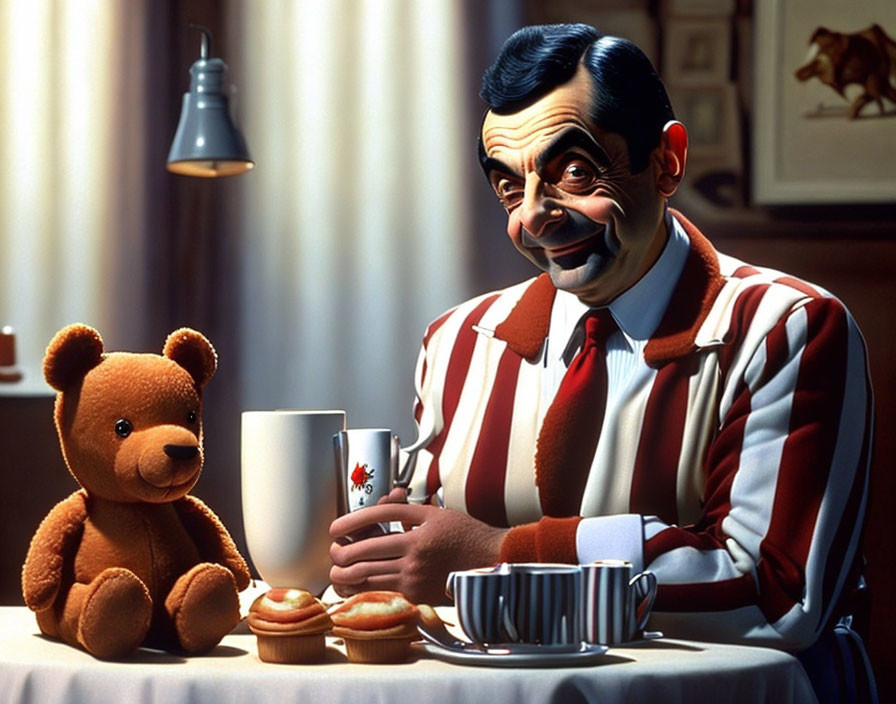 Animated character with large nose having tea party with teddy bear, cookies, and tea