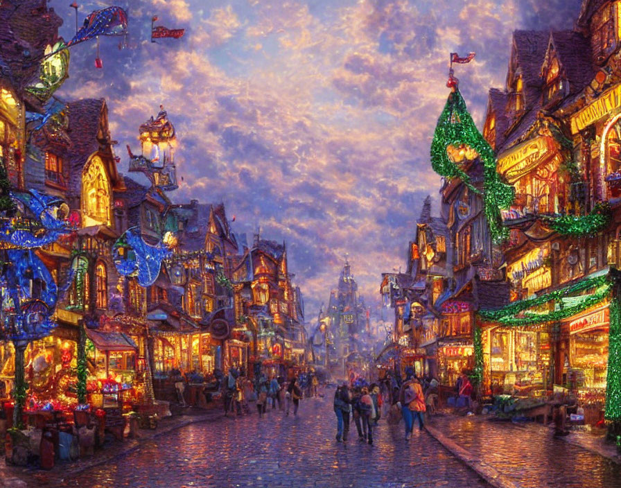 Charming cobblestone street with festive decorations at twilight