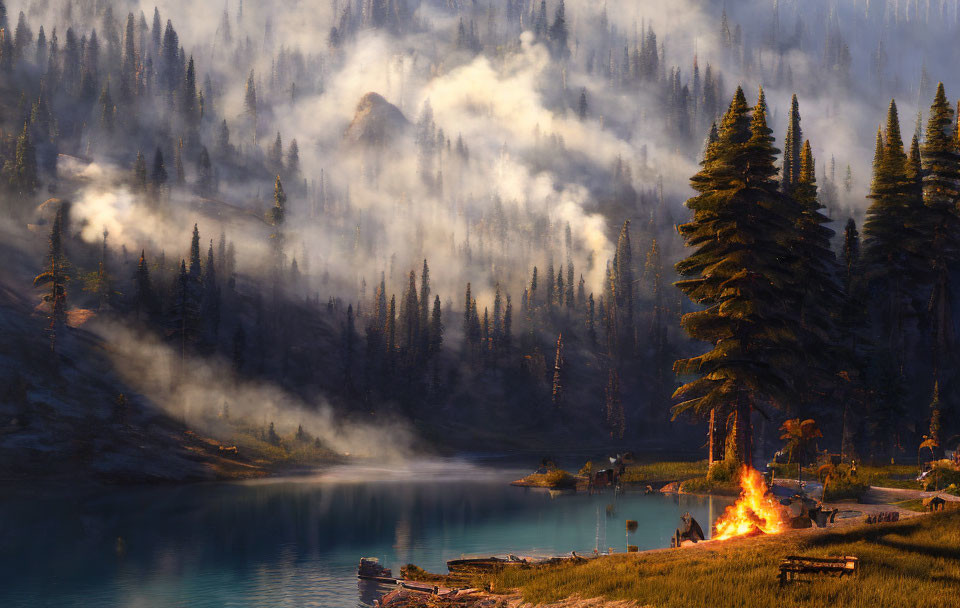 Tranquil Lakeside Campsite with Bonfire and Misty Forest Hills