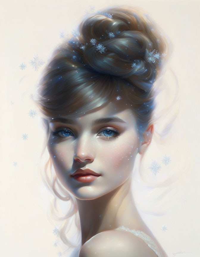 Young woman digital portrait with elegant updo and snowflakes in hair