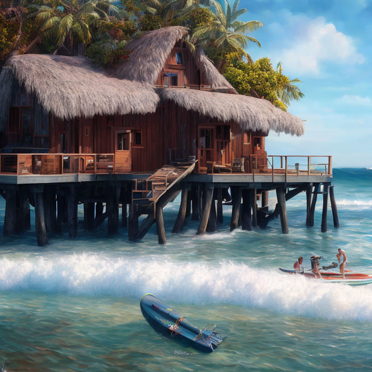 Wooden bungalow on stilts with thatched roofs by the beach, palm trees, dock,