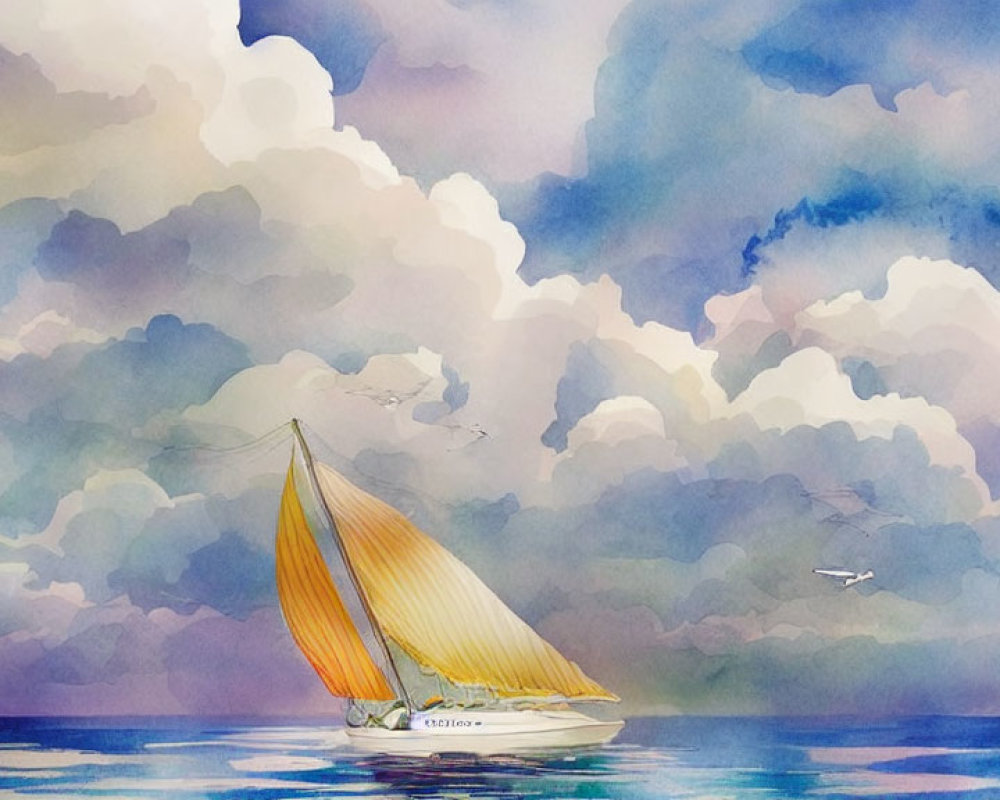 Tranquil watercolor painting of sailboats under fluffy clouds