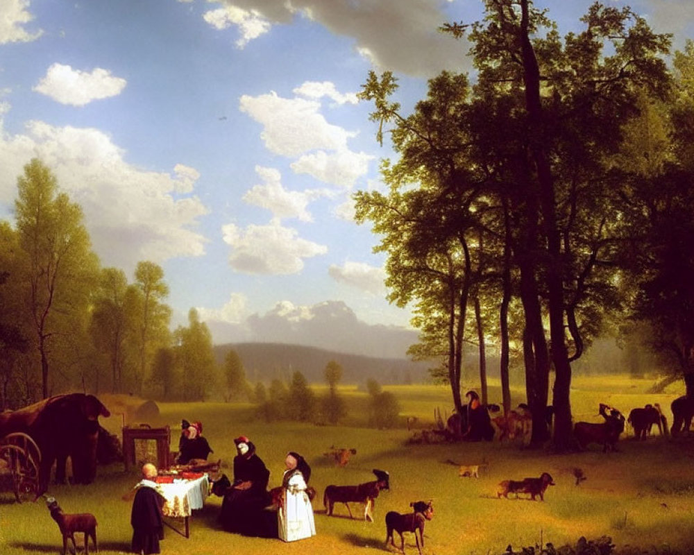 Rural gathering with animals and landscape scenery