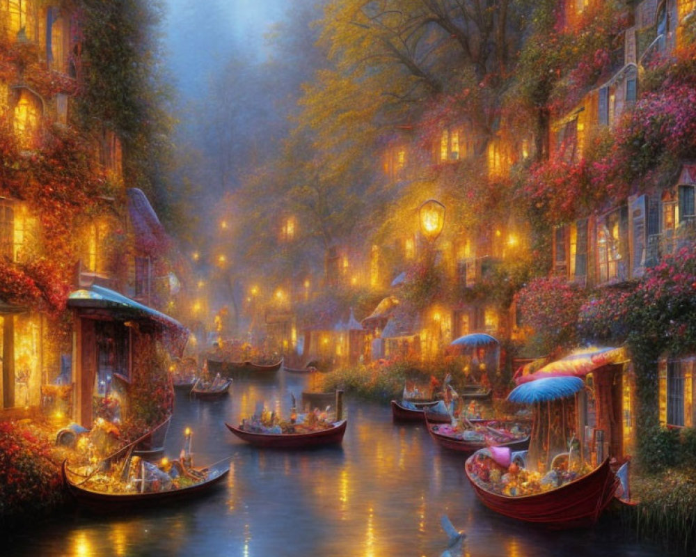 Enchanting Twilight Scene of Canal, Buildings, Boats, and Ducks