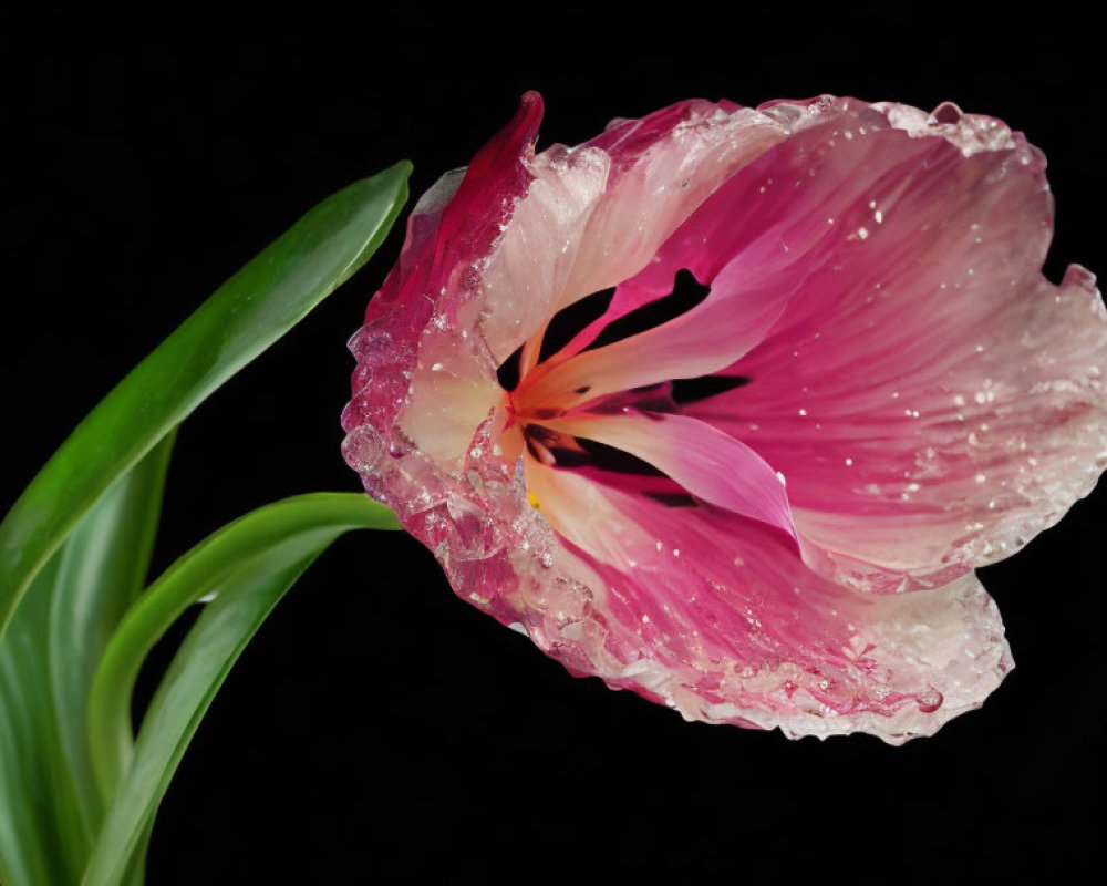 Pink and White Tulip with Water Droplets on Petals on Black Background