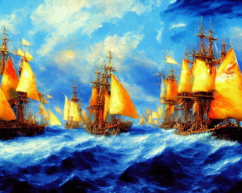 Tall ships with billowing sails on rough ocean under dynamic sky