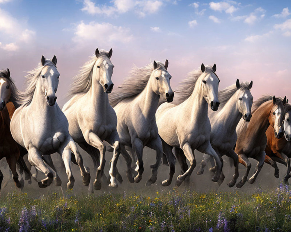 Herd of horses with various coat colors running in field with wildflowers