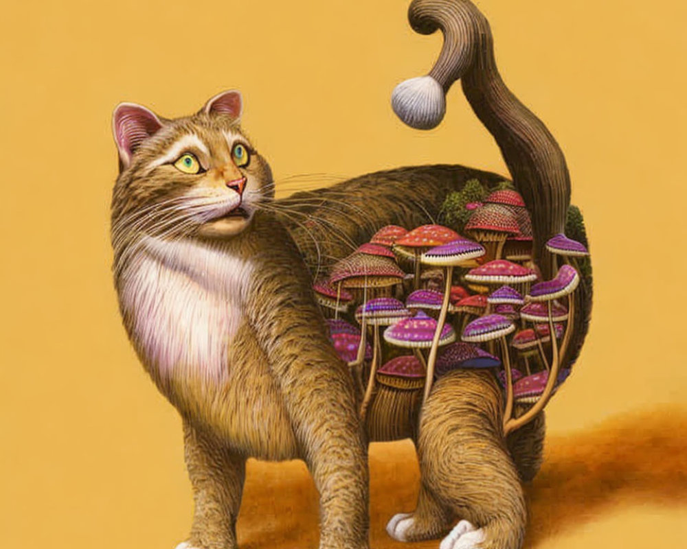 Surreal cat illustration with toadstool landscape body against yellow background