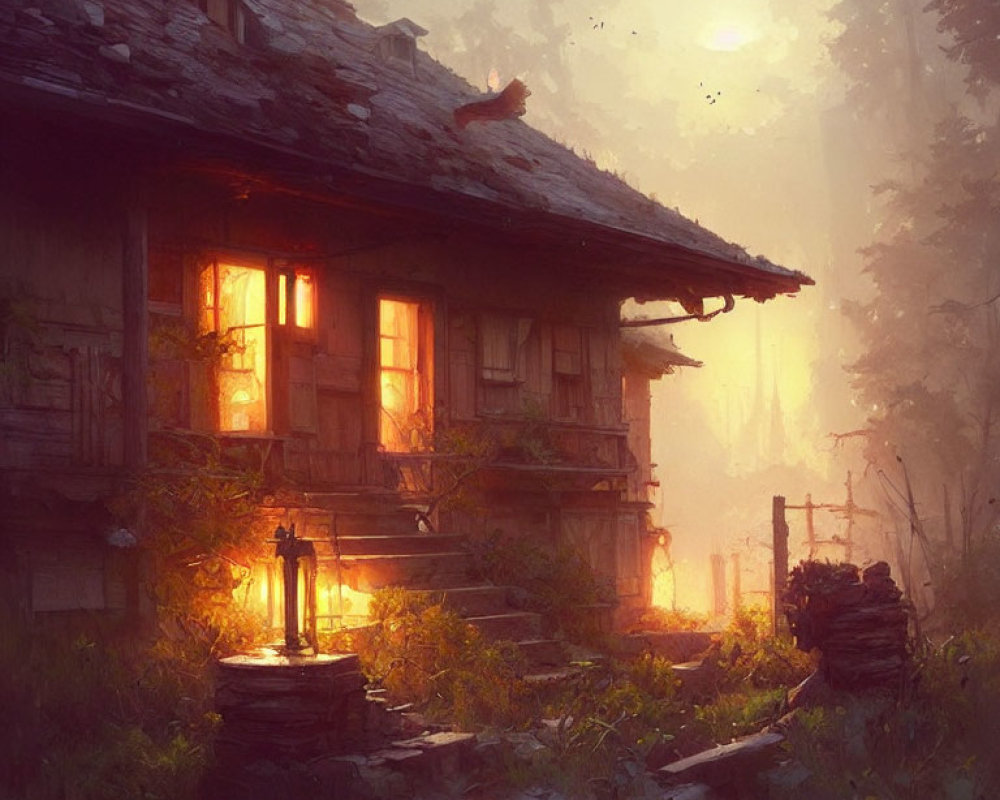 Cozy cabin in misty forest at dusk with glowing windows