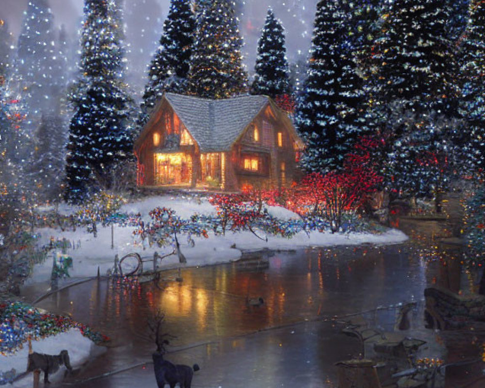 Snowy cabin scene with festive lights and falling snowflakes