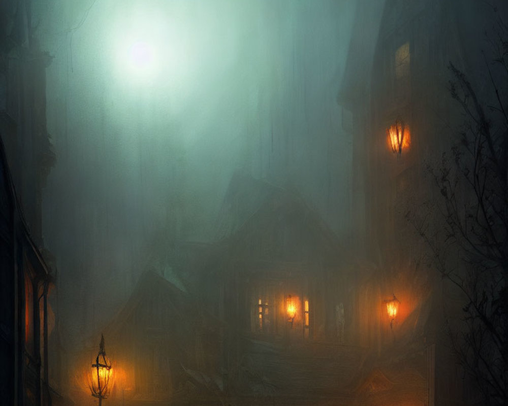 Dimly Lit Foggy Scene with Old Houses and Street Lamps