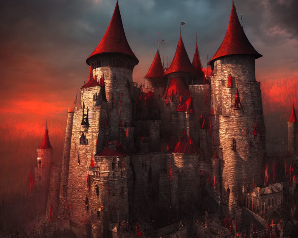 Medieval castle with spires and red banners under dramatic sunset sky