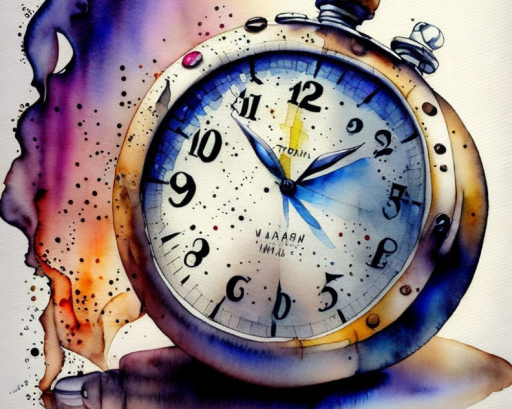 Colorful Watercolor Painting of Melting Pocket Watch