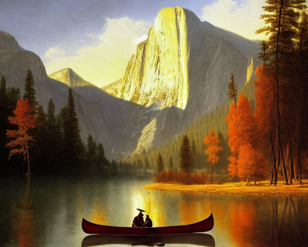 Person rowing canoe on calm river with autumn trees and sunlit mountain