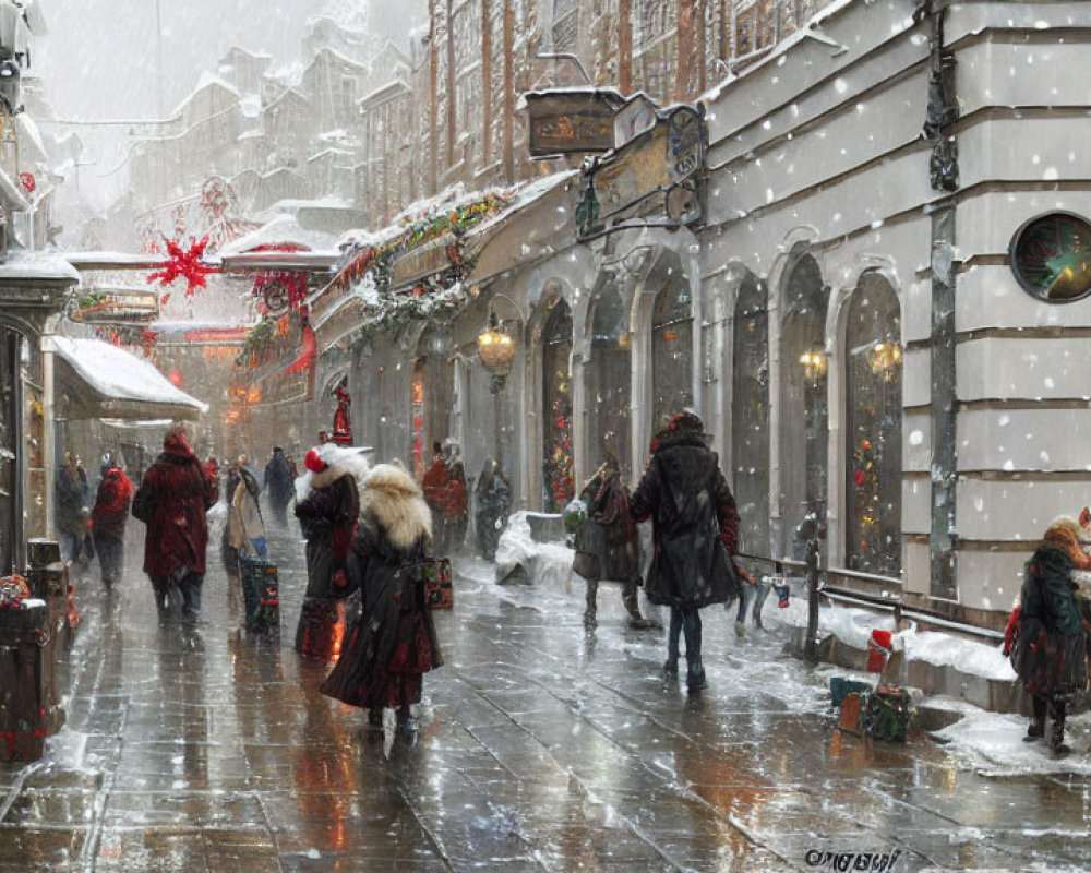 Snowy city street with Christmas decorations and shoppers in festive scene