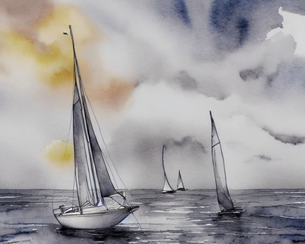 Sailboats Watercolor Painting: Serene Sea & Cloudy Sky