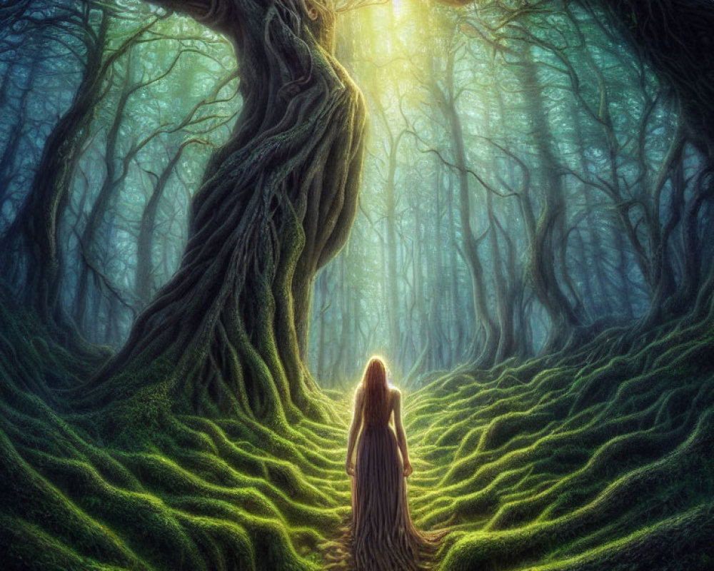 Enchanted forest scene with ancient twisted tree and robed figure in soft light